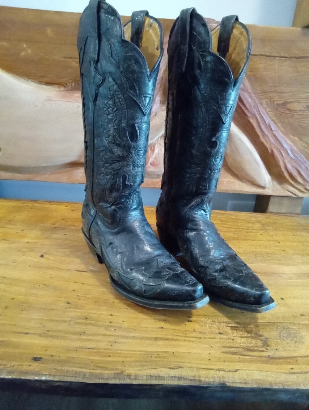 Vintage Safari Black Distressed  Leather Phoenix Tall Snip Toe Cowgirl Boots 6.5 - Picture 3 of 16
